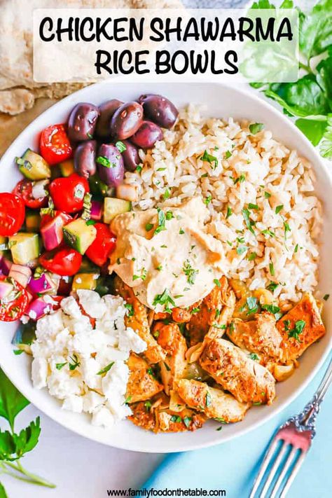 Chicken Shawarma Sides, Chicken Shawarma Rice, Shawarma Recipes, Shawarma Rice, Hummus Chicken, Use Leftover Chicken, Hummus Bowl, Feta Chicken, Chicken Rice Bowls