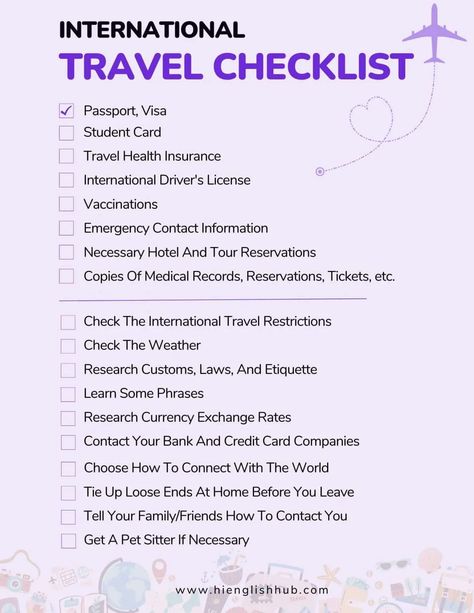 International Travel Checklist (PDF): 23 Things To Do Before Traveling Internationally - Hi English Hub International Travel Checklist, Traveling Abroad, Emergency Contact, Travel Checklist, Medical Records, Leaving Home, Travel List, Traveling With Baby, Travel Insurance