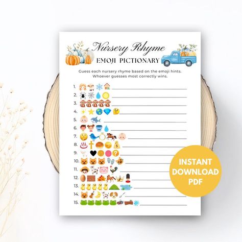 Introducing the Nursery Rhyme Emoji Pictionary Game, the perfect addition to your baby shower activities! This fun baby shower game invites guests to guess popular nursery rhymes using cleverly designed emojis, making it an engaging and memorable experience for everyone. Ideal as a neutral gender option, this instant download game allows you to print and play right away, providing endless entertainment for your friends and family. Whether you're hosting a baby shower Pumpkin Nursery, Emoji Game, Shower Activities, Baby Shower Games Printable, Emoji Pictionary, Emoji Games, Adorable Nursery, Fun Baby Shower Games, Fun Baby