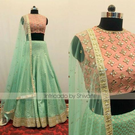 Pista Green Lehenga Combination, Green Lehenga Combination, Lehenga Combination, Crop Top Wedding Dress Indian, Pista Green Lehenga, Peach Color Blouse, Green Color Lehenga, New Dress Design Indian, Embroidery Mirror Work