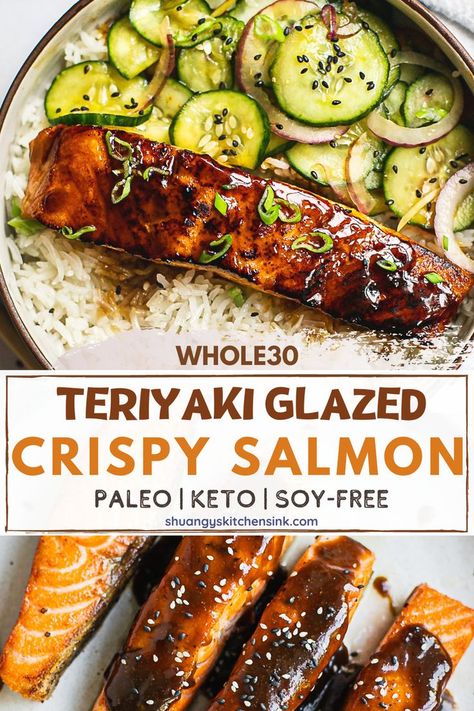 Crispy teriyaki glazed salmon coated in a sweet and sticky sauce Whole 30 Teriyaki Sauce, Crispy Teriyaki Salmon, Soy Free Salmon Recipe, Keto Teriyaki Salmon, Salmon Whole 30, Gluten Free Salmon Recipes, Paleo Salmon Recipes, Celiac Meals, Paleo Salmon Recipe