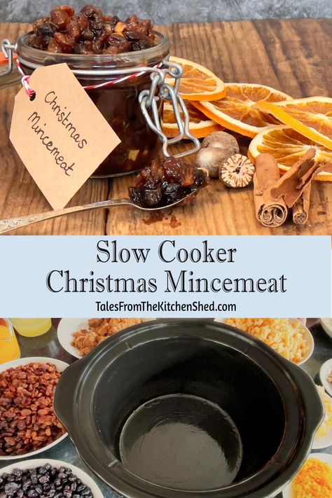 Add a touch of luxury to your mince pies with my easy to make Slow Cooker Christmas Mincemeat. Vegan & gluten free options in recipe. Rich & deliciously decadent, it's packed with dried fruit, apple, Christmas spices, stem ginger, orange zest, walnuts, suet & Calvados. Slow Cooker Mincemeat, Fruit Mincemeat Recipe, Christmas Mincemeat Recipes, Mincemeat Scones, How To Make Mincemeat, Mincemeat Pie Filling, Christmas Mincemeat, Dinner Recipes Christmas, Mincemeat Recipes