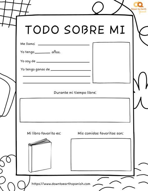 Todo Sobre Mi: Spanish Worksheet is a free printable to fill out and learn how to talk about yourself in Spanish. Spanish Therapy Worksheets, 2nd Grade Spanish Worksheets, Spanish 1st Grade, Kindergarten Spanish Worksheets, Spanish Printables, Introduction Activities, Aes Aesthetic, Preschool Spanish, Spanish Writing