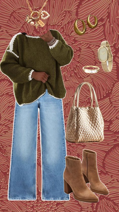 Outfit idea - outfit inspiration - outfit - winter outfit - fall outfit - thanksgiving outfit - Christmas outfit - holiday outfit - holiday party outfit - jeans - flare jeans - bootcut jeans - boots - calf boots - ankle boots - suede boots - brown boots - tan boots - sweater - green sweater - oversized sweater - sweater outfit - woven purse - white purse - gold jewelry - gold rings - charm necklace - fall - winter - cold - cozy outfit - friendsgiving outfit - friendsgiving Tan Purse Outfit, Holiday Party Outfit Jeans, Friendsgiving Outfit, Thrift Aesthetic, Purse Outfit, Woven Purse, White Purse, Sweater Outfit, Tan Boots