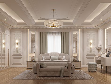 MASTER BEDROOM , QATAR on Behance Best Bedroom Designs Master Suite, Neo Classic Master Bedrooms Decor, Ivory Room Aesthetic, Classical Bedroom Interior, Neo Classical Interiors Bedroom, Neo Classic Interior Design Luxury, Classic Bedroom Design Luxury, Luxurious Bedrooms Master Modern, Diy Fabric Wall Art