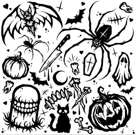 Scary Flash Tattoo, Grunge Tattoo Ideas Drawings, Flash Art Tattoo Simple, Creepy Flash Tattoo, Gothic Tattoo Flash, Halloween Flash Art, Goth Flash Tattoo, Dark Flash Tattoo, Spooky Tattoo Flash