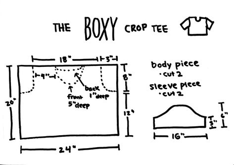 Diy Cropped Tshirt, Crop Top Pattern Sewing, Boxy Tee Pattern, Diy Top Pattern, Boxy Top Pattern, Sewing Patterns Tops, Top Pattern Sewing, Crop Top Sewing Pattern, Loose Crop Top