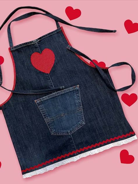 A Valentine's Day gift idea for your favorite little chef! Make an adorable baking apron from a pair of recycled jeans with a polka dot heart applique trimmed with polka dot binding, a heart eyelet embroidered ruffle edge and rick rack. Coordinate with a cute ball fringe trimmed towel! Put it together with a mini waffle maker, waffle mix, maple syrup and mini cooking utensils to make a yummy and heart filled gift! Chefs Apron, Mini Cooking, Mini Waffle Maker, Dot Heart, Heart Applique, Waffle Mix, Baking Apron, Recycled Jeans, Chef Apron