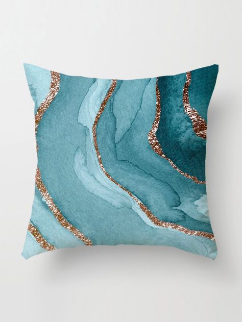 Marble Print Cushion Cover Without Filler, Modern Polyester Throw Pillowcase For Home DecorI discovered amazing products on SHEIN.com, come check them out! Marble Blue, Blue Curtains, Gold Cushions, Printed Cushion Covers, Teal And Grey, Pillow Fabric, Printed Cushions, Teal And Gold, Velvet Throw