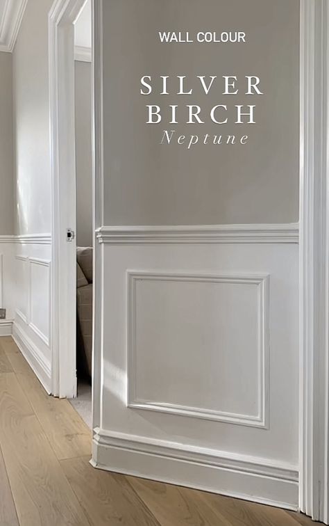 Dark Wall Light Trim, Grey Panelled Hallway, Neptune Silver Birch, Silver Birch Neptune Paint, Slim Hallway Ideas, Hallway And Stairs Ideas Paint Colors, Two Tone Hallway, Grey Hallway Ideas, Grey Panelling