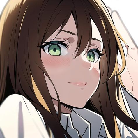 Animes Brown Hair Girl Pfp, Anime Pfp Brown Hair Green Eyes, Cartoon Pfp Brown Hair Green Eyes, Brown Hair Green Eyes Anime Female, Green Eyes Pfp Anime, Anime Girlboss Pfp Cute Brown Hair, Brunette Anime Female, Anime Brunette Pfp, Anime Oc Brown Hair