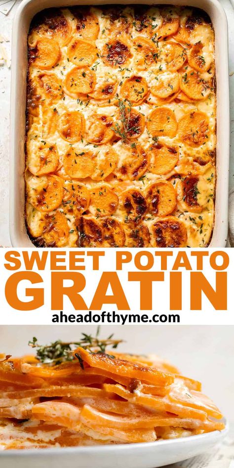 Butternut Squash Sweet Potato Au Gratin, Creamy Sweet Potato Bake, White And Sweet Potato Recipes, Sweet Potato Galette, Au Gratin Sweet Potatoes, Sweet Potatoes Au Gratin, What To Serve With Sweet Potatoes, Apple Sweet Potato Bake, Sweet Potato Au Gratin Recipes