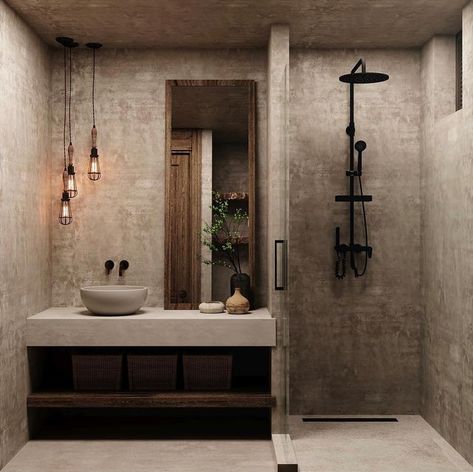 Wabi Sabi Shower Room, Small Bathroom Design Rustic, Rustic Hotel Room, Wabi Sabi Interior Bathroom, Wabisabi Bathroom, Mountain Modern Bathroom, Mountain Bedroom Ideas, Tulum Bathroom, Earthy Bathrooms