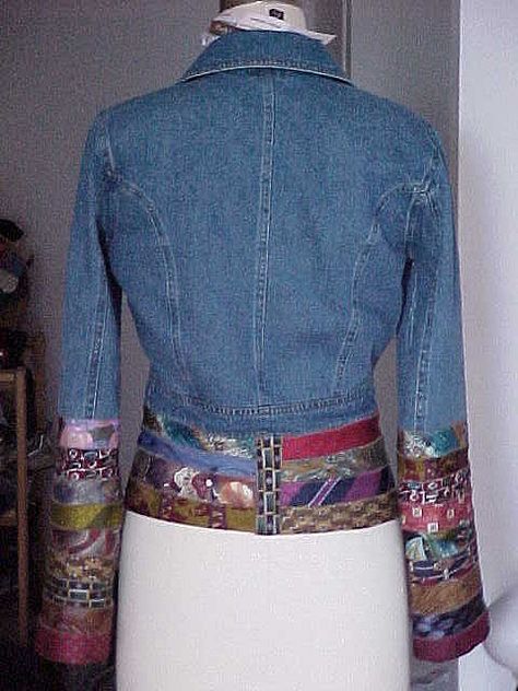 Embellish with neckties. denim jacket back view by hautaboo, via Flickr Jacket Back View, Denim Jacket Back, Jeans Recycling, Embroidering Machine, Necktie Crafts, Haine Diy, Upcycled Clothes, Upcycle Sewing, Repurposed Clothing