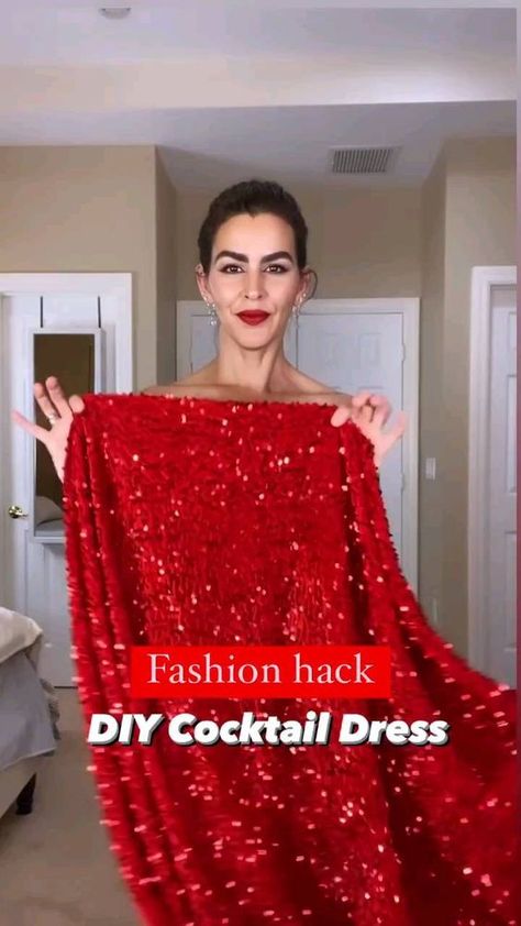 DIY COCKTAIL DRESS! ✨ NO SEW! 📍Save and follow for more @doranellyspatton | Instagram No Sewing Dress, How To Add Sparkle To A Dress Diy, How To Style A Sequin Dress, Diy No Sew Dress, Dress Hacks Diy, Diy Cocktail Dress, No Sew Dress Diy, Cocktail Outfits For Women, No Sew Dress