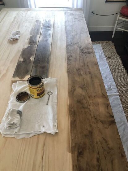 We have had this antique table in my family for many years, but it just wasn’t large enough for our large Sunday dinners. I asked my hubby if he thought he could enlarge it a bit for me. He and my son-in-law figured it out and in less than 8 eight hours they did it! Step 1- Measure to decide the size of your tabletop Our table originally measured 8 feet by 45 inches and I wanted it to be 9 feet by 48 inches. Mike and Kevin figured out they could achieve this by using 9- 8 foot premium… Tile Top Tables, Table Top Covers, Repainting Furniture, Plank Table, Kitchen Table Makeover, Diy Table Top, Sunday Dinners, Seat Covers For Chairs, Floor Table