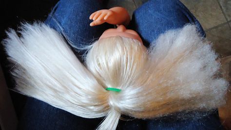 Tutorial: How To Fix Frizzy Doll Hair!  from Thefrugalcrafter's Weblog Tangled Doll, Doll Hair Repair, Fix Doll Hair, The Frugal Crafter, Frozen Dolls, Dolls Hair, American Girl Diy, Barbie Hair, Our Generation Dolls