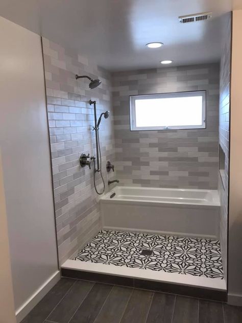 Modern Shower Tub Combo Small Bathroom Designs, Tub With Two Shower Heads, Small Bathroom Separate Shower And Tub, Large Tub And Shower Combo, Master Bed And Bath One Room, Window Behind Bathtub, Small Bathroom Design With Window, Wet Room Bathroom Drop In Tub, Bathroom Remodel Corner Tub Master Bath