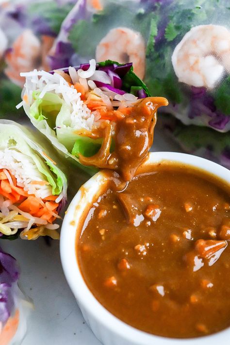 Shrimp Rice Paper Rolls Recipe With Easy Peanut Sauce Peanut Sauce Recipe For Spring Rolls, Shrimp Rice Paper Rolls, Recipe For Spring Rolls, Rice Paper Rolls Recipe, Vietnamese Peanut Sauce, Rice Paper Rolls Recipes, Shrimp Summer Rolls, Rice Paper Recipes, Easy Peanut Sauce