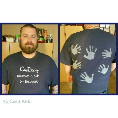 Made this shirt for my hubby for Father's Day using a cut out stencil and paint with my kids handprints on the back Hand Printed Shirt, Bleach Shirt Diy, Footprint Craft, Pop Pop Shirts, Paint Shirts, Father's Day Diy, My Hubby, Dad Day, Fathers Day Crafts