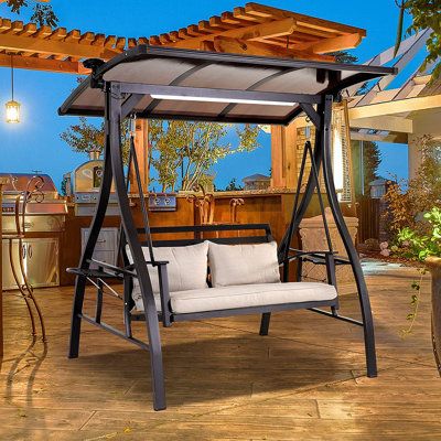 This porch swing with solar-powered LED provides energy-efficient lighting, lights brighten up an evening gathering, create a warm atmosphere, make it a romantic and quiet quaint ambiance to enjoy night scenery. A very good choice to sit under in the evening having a cup of coffee or tea, or having fun with friends outside. Durable metal with a powder-coated finish, rust-resistant steel frame, adjustable PC canopy with aluminum frame design. Ensuring a smooth, gentle outdoor swing experience for Foldable Side Table, Patio Swings, Outdoor Swings, Glider Bench, Patio Hammock, Metal Swings, Backyard Balcony, Patio Swing, Solar Led Lights