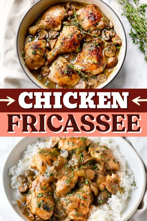 Classic Chicken Fricassee is a comforting French stew of tender chicken and mushrooms in a creamy, garlic and white wine sauce. Coco Van Chicken, Chicken Fricassee Recipe, French Stew, Chicken Franchise, Chicken And Mushrooms, Chicken Fricassee, Chicken Dumplings, Christmas Meal, Classic French Dishes