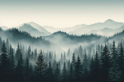 Misty landscape with fir forest mist outdoors woodland | premium image by rawpixel.com / Miiruuku Forest With Mountains, Forest Mist, Misty Landscape, Pine Tree Silhouette, Forest Drawing, Mountain Silhouette, Twilight Sky, Forest Background, Foggy Forest