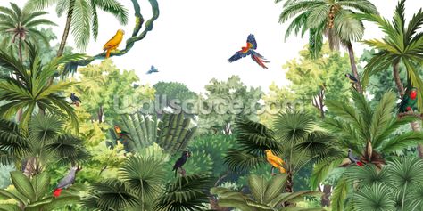 Canopy Jungle Jungle Wall Mural, Jungle Wall, Bright Wallpaper, Neutral Wallpaper, Door Murals, Colorful Parrots, Jungle Wallpaper, Mural Design, Watercolor Wallpaper