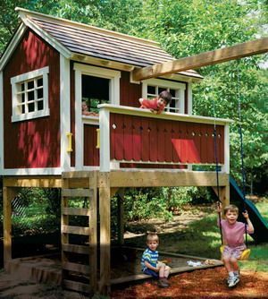 Farmhouse tree house kids will love. 5 tree house ideas, tree house diy projects.                                                                                                                                                                                 More Elevated Playhouse, Antique Boutique, Playhouse Plans, Tree House Diy, Backyard Playhouse, Build A Playhouse, Tree House Kids, Dress Photography, Tree House Designs