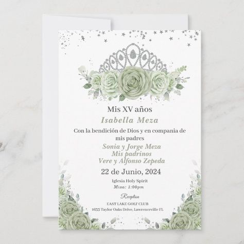 Quinceañera Sage Green Floral Roses Silver Crown Invitation | Zazzle Sweet 15 Ideas, Plan Board, Green Quince, Quince Invitations, Invite Ideas, Sage Green Floral, Quince Ideas, Sweet 15, Silver Crown