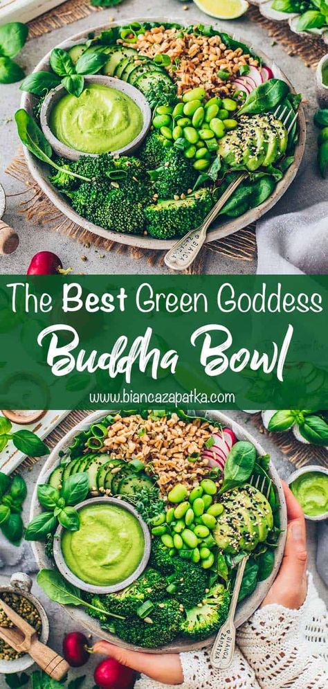 Green Goddess Buddha Bowl This Green Goddess Buddha Bowl is loaded with fresh veggies, wholesome grains, plant-based protein, and a creamy vegan herb tahini dressing! Get your dailygreens in just one bowl! Goddess Bowls, Green Goddess Bowl, Goddess Bowl, Veggie Bowl Recipe, Veggie Protein, Buddha Bowls Recipe, Vegan Buddha Bowl, Healthy Bowls Recipes, Healthy Bowls