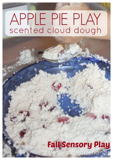 Whip up a batch of apple pie sensory play cloud dough! Add your favorite fall spices to turn an ordinary bath of cloud dough into an apple pie sensory bin! Science Activity Preschool, Pie Sensory Bin, Preschool Apples, Cloud Dough Recipes, Sensory Play Recipes, Preschool Apple Theme, Fall Sensory, Sensory Play Toddlers, Apple Lessons