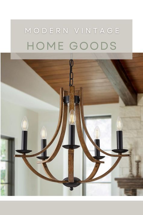 A modern touch with a light fixture in a farmhouse/ vintage kitchen or dining room.   5-Lights Wooden Chandelier Vintage Modern 22" Vintage Candle Style Chandelier with Wood Finish Modern Wood Dining Room, Wooden Chandeliers, Kitchen Island Living Room, Island Living Room, Chandelier For Dining Room, Chandelier Vintage, Wooden Chandelier, Farmhouse Vintage, Vintage Candle