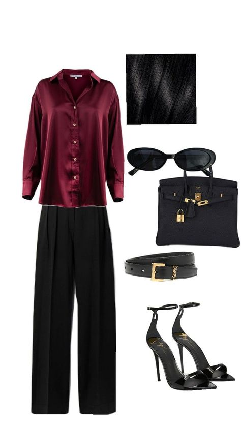 a burgundy satin shirt goes well with palazzo trousers, sunglasses with a hermes bag, also with a ysl belt, stiletto heels go great with this look Maroon Clothes Aesthetic, Maroon Clothes, Maroon Outfit, Old Money Outfit, Old Money Outfits, Burgundy Outfit, Money Outfit, Clothes Aesthetic, Old Money Style