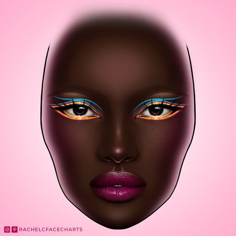 By @rachelcfacecharts. Digital makeup face chart with neon blue, bright yellow and pink triple graphic liner, mod makeup, spiky lashes, dark skin, pink highlighter, faux freckles, pink lipstick, pink blush, brown eyebrows Spiky Lashes, Graphic Liner Makeup, Digital Makeup, Mod Makeup, Pink Highlighter, Liner Makeup, Brown Eyebrows, Face Charts, Faux Freckles