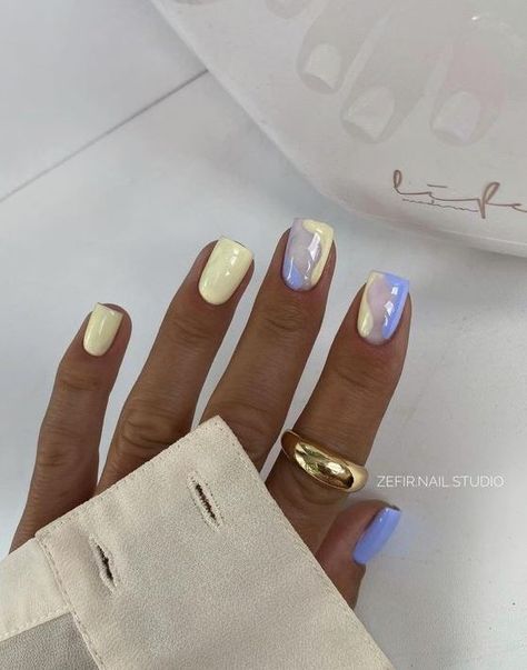 Yellow Nails: Yellow nails design Blue gel nails Lilac nails Yellow nails Yellow nail art Pastel nails designs Yellow Biab Nail Art, Blue Lilac Nails, Gel Nails Lilac, Pastel Yellow Nails Design, Pastel Yellow Nail Ideas, Swim Nails, Blue And Yellow Nails Designs, Yellow Blue Nails, Yellow And Blue Nails