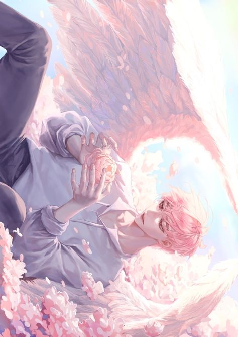 Cupid Fanart Male, Cupid Oc Male, Pink Hair Guy, Angel Oc, Male Vampire, Male Angel, Pink Skin, Boy Character, Cool Anime Guys