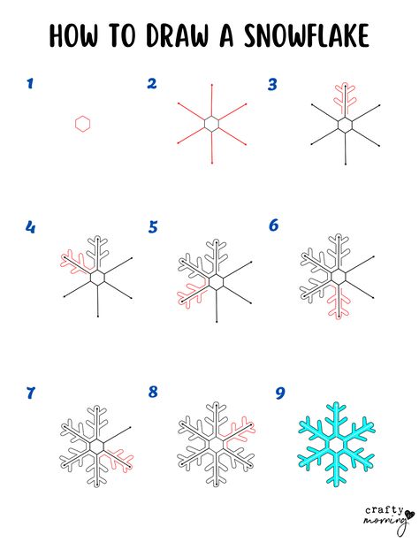 How to Draw a Snowflake (Easy Step by Step) - Crafty Morning Snow Drawing Easy, How To Draw A Snowflake, How To Draw Snowflakes, Snow Drawing, How To Draw Snow, Snowflakes Drawing, Winter Drawings, How To Make Snowflakes, Simple Snowflake