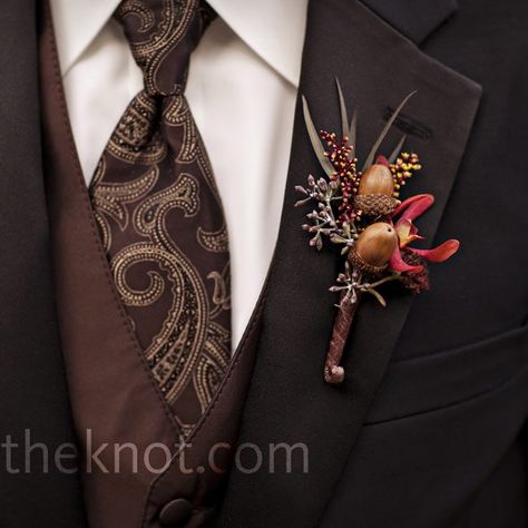 Acorn and Orchid Boutonniere Fall Groom, Fall Boutonnieres, Orchid Boutonniere, Acorn Decorations, Boutonniere Wedding, Theme Color, Local Wedding, Wedding Flower Arrangements, Groom And Groomsmen