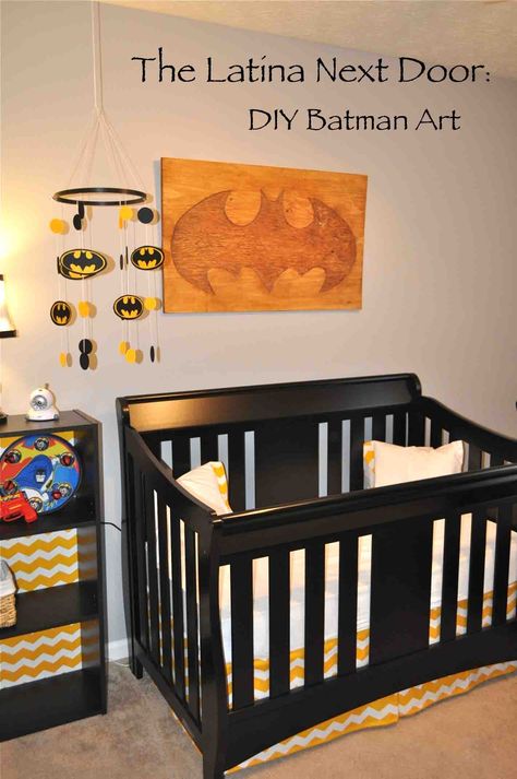 DIY BATMAN Art - Tutorial for a Nursery Batman Baby Room, Batman Nursery, Batman Baby Shower, Batman Bedroom, Nursery Ideas Boy, Batman Room, Batman Baby, Modern Baby Room, Nursery Reveal