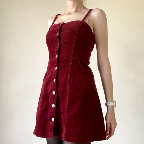 H&M Divided Red Corduroy Mini Dress  ⓓⓔⓣⓐⓘⓛⓢ... - Depop Corduroy Fabric, Burgundy Red, Dress Details, Fit & Flare, H&m, Mini Dress, Red, Fabric