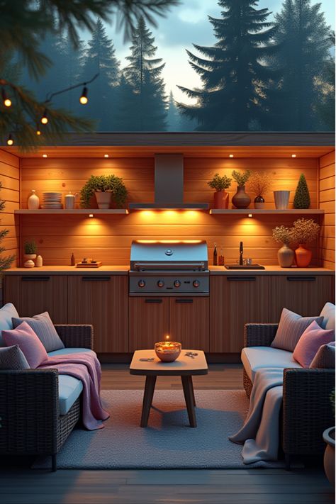 Minimalist outdoor kitchen with throw blankets and hygge lighting at dusk Kitchen Patio, Outdoor Kitchen Patio, Patio Designs, Innovative Ideas, Scandinavian Inspired, Outdoor Oasis, Nordic Design, Patio Design, Outdoor Living Space