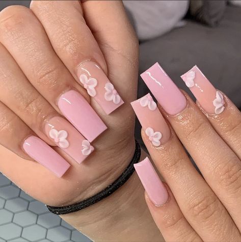 Square Acrylic Nails Flower Design, Medium Size Nails Acrylic Pink, 3s Flower Nails, 3d Flower Nails Medium Length, 3rd Flower Acrylic Nails, Easter Acrylics, Nails With Acrylic Flowers, 3 D Flower Nails, Floral Acrylics