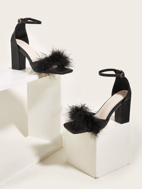 Black Heels With Feathers, Black Heels Prom, Prom Shoes Black, Mini Heels, Faux Fur Decor, Feather Shoes, Feather Heels, Prom 2023, Fur Decor