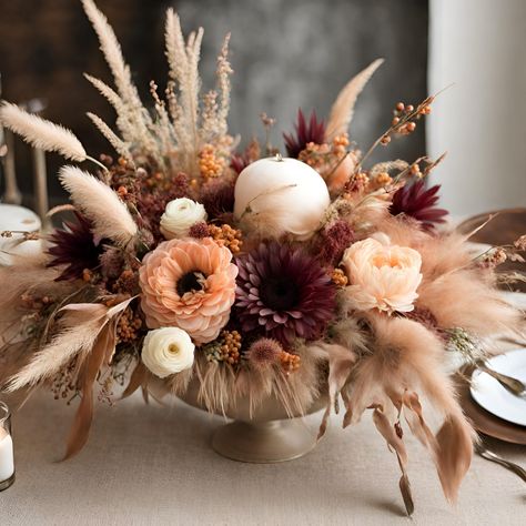 Thanksgiving Flower Arrangment "BOHO Chic" Flower Centerpiece Arrangem – Found Florist Farm, LLC Thanksgiving Flowers Centerpieces, Thanksgiving Floral Centerpieces, Thanksgiving Colors, Thanksgiving Floral Arrangements, Thanksgiving Floral, Thanksgiving Flowers, Pumpkin Arrangements, Traditional Thanksgiving, Fall Table Centerpieces