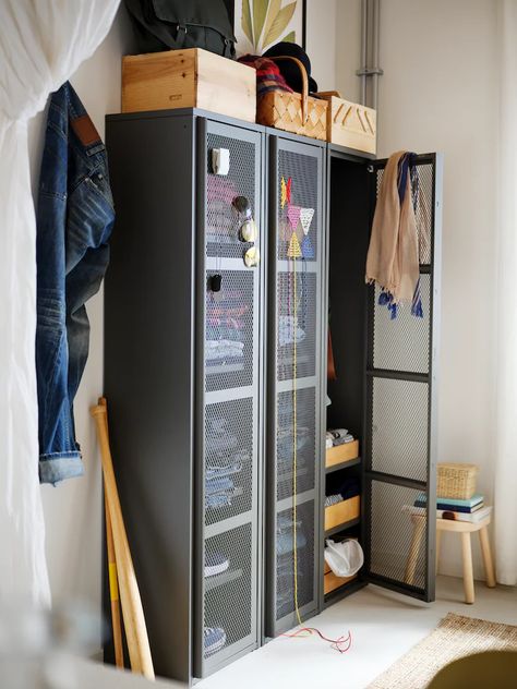 The cosy, mindful home of a couple and newborn - IKEA Ivar Cabinet, Ikea Ivar, Ikea Website, Mesh Door, Metal Cabinet, Ikea Family, Storage System, Apartment Design, New Room