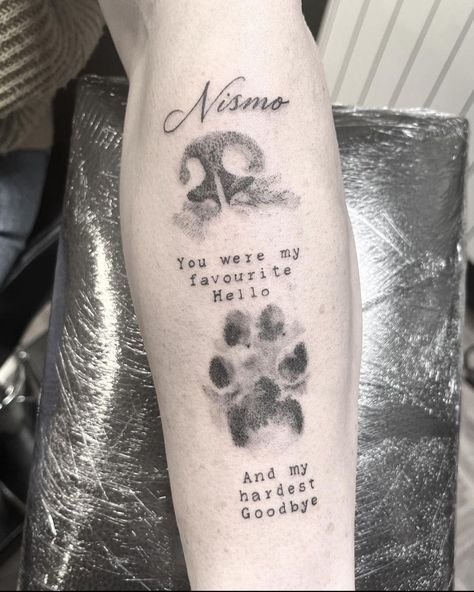 My Favorite Hello And Hardest Goodbye, Rest In Peace Dog Tattoo, Tatoos Pet Loss, Footprints Poem Tattoo, Two Paws Tattoo, Paw Print Tattoo Placement Ideas, Tattoo Ideas For Lost Pets, Dog Rememberance Tattoo, Dog Remembrance Tattoo In Memory Of