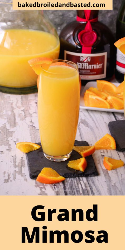 This Grand Mimosa is a plain ole mimosa brought up to a whole new level of "Grandness" with a shot of Grand Marnier. This is a perfect beverage for our next holiday brunch.  #mimosa,#grandmimosa,#brunch, #mimosaandbrunch Grand Marnier Drinks, Brunch Mimosa, Brunch Bar, Ideal Protein Recipes, Mimosa Recipe, Light Yellow Color, Yummy Alcoholic Drinks, Shakes Drinks, Holiday Brunch