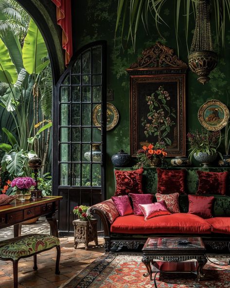 Colorful Boho Living Room, Vintage Maximalist Decor, Maximalism Interior, Dark Boho Living Room, Bohemian Lounge, Maximalist Living Room, Earthy Living Room, Boho Living Room Ideas, Living Room Drapes