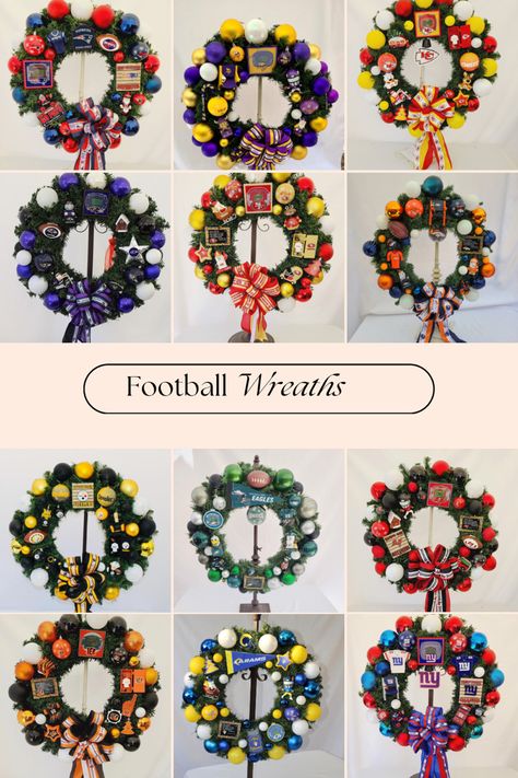 Football Themed Wreaths, Nfl Wreaths Football, Football Team Wreaths, Themed Wreaths, Christmas Wreath Designs, Sports Wreaths, Traditional Holiday Decor, Football Wreath, Unique Holiday Decor